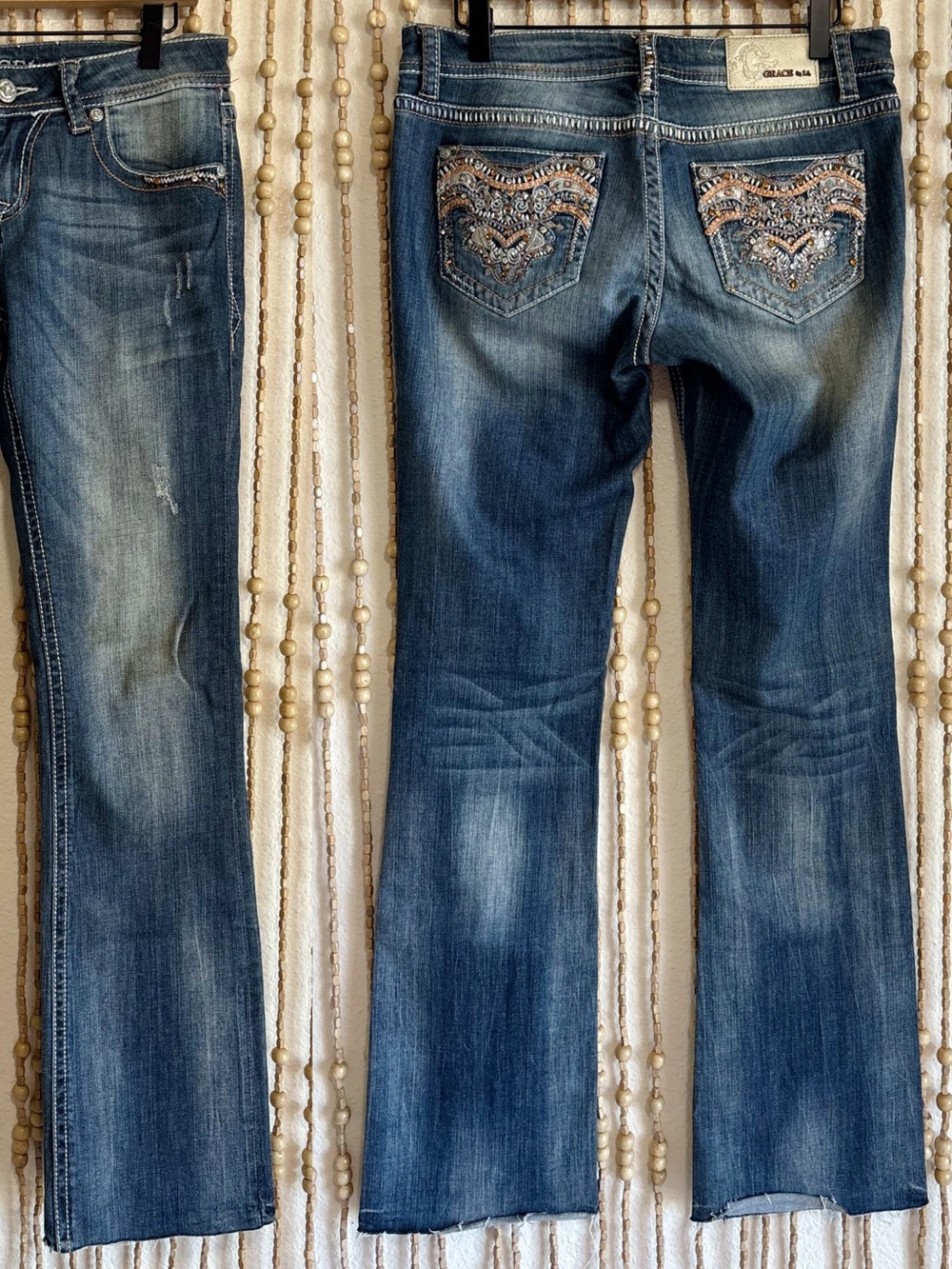 Grace in LA Y2K Embellished Western Rodeo Bootcut Dark Denim Boho Grunge Jeans